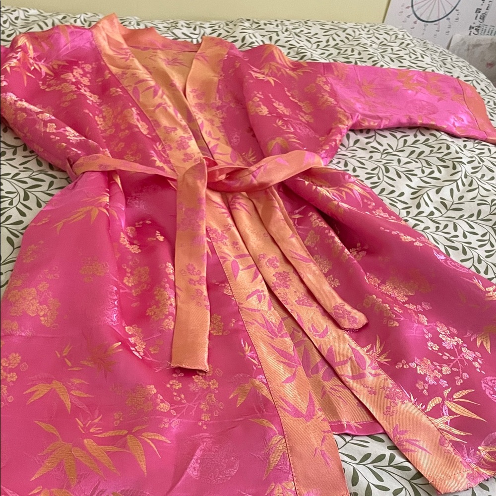 Pink Satin Kimono Robe Traditional with Gold Bamboo & Floral Print - Picture 3 of 11